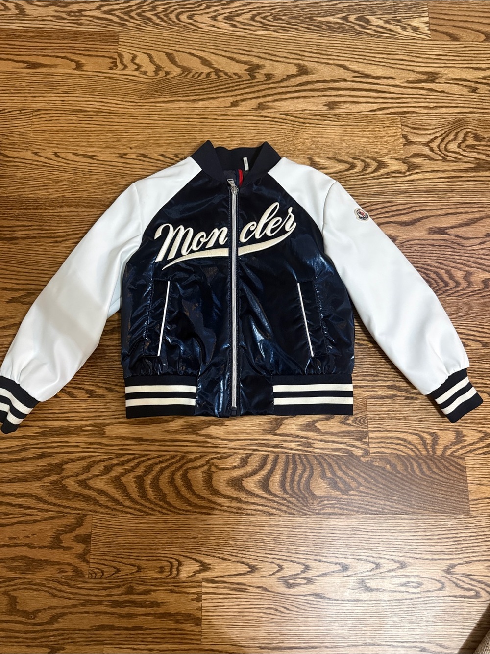 Moncler Navy Kids Logo Bomber Varsity Jacket with Vegan Leather 100% Authentic